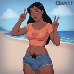 1futa ai_generated balls beach big_penis black_hair brown_eyes dark-skinned_futanari dark_skin erect_penis erection erection_under_clothes erection_under_clothing flordulce futa_only futanari happy_trail lilo_and_stitch long_hair midriff nani_pelekai navel outdoors peace_sign penis precum pubic_hair pubic_hair_peek seductive seductive_look seductive_smile shirt short_shorts shorts solo_futa standing testicles