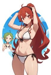 2girls alternate_breast_size alternate_hairstyle arms_behind_head arms_up background big_breasts bikini blush breast_envy busty elf elf_ears elf_female elf_girl eris_greyrat eris_greyrat_(adult) flat_chest front-tie_bikini front-tie_top green_hair hi_res highres human large_breasts long_hair multiple_girls mushoku_tensei navel one-piece_swimsuit parted_lips pose posing red_eyes red_hair rubycks short_hair side-tie_bikini sylphiette_(mushoku_tensei) toned toned_female wet wet_skin white_bikini