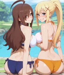 2girls ahoge ai_generated ass bare_shoulders bikini blonde_hair blue_bikini blue_eyes blurry blush breasts brown_hair darkness_(konosuba) day elvoryn eyes_visible_through_hair female female_on_bikini female_only from_behind grin hair_ornament hair_over_one_eye konosuba large_breasts long_hair looking_at_viewer looking_back multiple_girls outdoors ponytail side-tie_bikini_bottom sitting smile swimsuit wiz_(konosuba) x_hair_ornament