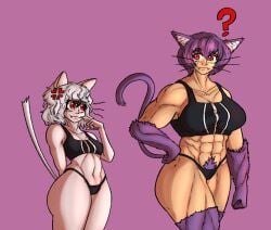 ash_mosaic cat_ears cat_tail hunter_x_hunter jealous jogstash muscular_female neferpitou pubic_hair purple_hair short_female sports_bra tall_female white_hair