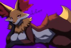 absurd_res anthro canid canine darexer delphox draw_me_like_one_of_your_french_girls female generation_6_pokemon genitals hi_res humanoid lying mammal meme nintendo on_side pokemon pokemon_(species) pussy simple_background solo solo_focus