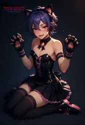 1boy ai_generated blue_eyes blue_hair boots cat_ears cat_paw cat_paws choker femboy flat_chest ilfb looking_at_viewer open_mouth otoko_no_ko short_hair simple_background skirt tongue trap yaoi