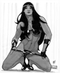 1woman 2d adam_hughes belly_button big_barda bikini_armor black_hair_female dc dc_comics heels long_hair_female monochrome muscle_girl pubic_hair tall taller_female