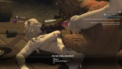 bad_end dialogue fear final_fantasy_xiv furry gameplay_mechanics gpose(ffxiv) gun gun_in_mouth hrothgar imminent_death impending_doom rape status_effect triata_art white_fur