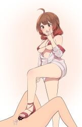 1boy absurdres ahoge bar_censor bare_shoulders bikini breasts brown_eyes brown_hair censored covered_nipples cum ejaculation female femdom hanami_ume highres idolmaster jacket kikiu_bd long_hair medium_breasts sadism sweater_jacket swimsuit