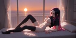 1girls ai_generated bed big_breasts black_hair breasts female girly long_hair long_legs piercing pink_hair socks teenager thighs