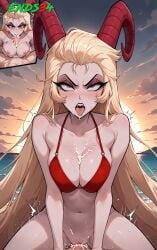 ai_generated beach big_breasts bikini blonde_hair blowjob breasts cowgirl_position ends34 female female_focus fit_female hazbin_hotel horns lilith_morningstar_(hazbin_hotel) long_hair milf mother sex