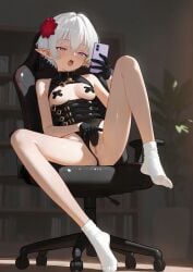absurdres ai_generated bare_shoulders black_gloves black_panties blush bodysuit breasts chair clothing_aside commission cross cross_pasties eco_376124 female female_masturbation flower gaming_chair gloves hair_flower hair_ornament highres holding holding_phone knees_up latex latex_bodysuit long_legs looking_at_viewer masturbation medium_breasts open_mouth original panties panties_aside pasties phone pixiv_commission pointy_ears purple_eyes pussy sitting socks soles solo spread_legs swivel_chair thighs toes underwear white_hair white_socks