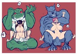 2boys 2girls anal_sex anthro big_breasts big_penis caitlyn_kiramman canon_couple female_human femsub full_nelson happy_sex heart human human_on_anthro interspecies larger_male league_of_legends lizardman maledom monster renekton reptile riot_games scalie shishikasama size_difference smaller_female straight straight_hair suspended_on_penis suspension vaginal_penetration vi warwick werewolf