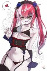 1girls belly_button black_bra black_panties bra breasts clothed clothing detached_sleeves eyebrows_visible_through_hair female female_only goth goth_girl headdress heterochromia hololive hololive_indonesia hololive_indonesia_holoro kureiji_ollie lingerie lingerie_only looking_at_viewer monster_girl open_mouth panties patchwork_skin red_eye red_hair seductive small_breasts solo spoken_hearts todalbok twintails virtual_youtuber yellow_eye zombie zombie_girl