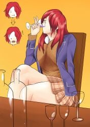 1girls biku breasts drinking female hair_over_one_eye kobayashi_rindou long_hair red_hair shokugeki_no_souma skirt solo solo_female solo_focus thick_thighs thighs wine