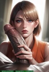 1boy 1girls ai_generated ashley_graham blonde_hair blue_eyes bored_expression dark-skinned_male dark_penis handjob kisuco looking_at_viewer pale-skinned_female