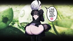 artist_request ass big_ass big_butt blindfold crouching female heart high_heels looking_at_viewer looking_back nier nier:_automata panties squatting tagme_(artist) talking_to_viewer text white_hair yorha_2b
