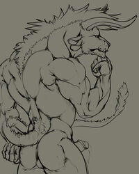 2017 4_ears 5_fingers anthro ass back_muscles biceps big_claws charr claws digital_media_(artwork) epic_soul erection fangs feline glans grey_background greyscale guild_wars hair half-length_portrait horn humanoid_penis long_tail male male_only mammal monochrome multi_ear muscular muscular_male nude penis portrait pose precum rear_view simple_background sketch snout solo standing tail_tuft tuft video_games