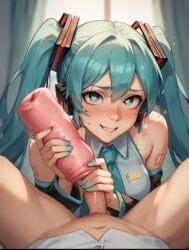 ai ai_generated artificial_vagina handjob hatsune_miku heart-shaped_pupils looking_at_viewer motion_blur onahole pov sex_toy