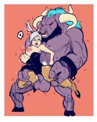 alistar battle_bunny_riven big_breasts big_penis breasts clothed_sex clothing female happy_sex heart human_on_anthro league_of_legends male open_mouth penetration penis pussy riven sex shishikasama short_hair vaginal_penetration