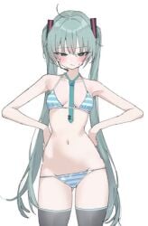 bikini blue_eyes blue_hair blush hatsune_miku petite small_breasts thigh_highs white_background