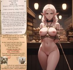 ai_generated angry anime big_breasts bondage bounty_hunters collar edited elf fantasy female fictional green_eyes market naked nude photoshop roleplay ropes slave slavegirl slavery waifu waifumarket white_hair