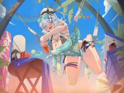 animated blue_eyes drink enigma_of_sepia female_version gender genderbend genderswap genderswap_(mtf) hammock holding_object live2d official_art ponytail satoria_(enigma_of_sepia) satoru_gojo skindentation tagme tinted_eyewear watermelon white_eyelashes white_hair