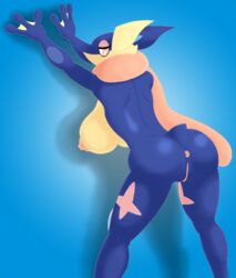 amphibian anthro anus ass blue_background breasts deadpliss digital_media_(artwork) female frog greninja hi_res nintendo nipples nude pink_eyes pokemon pokemon_(species) presenting pussy rear_view simple_background solo tongue tongue_out video_games webbed_hands