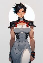 ai_generated blue_eyes corset muscular red_ribbon short_hair white_dress