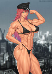 abs biceps bikini blue_eyes breasts cleavage elee0228 ero-chong female female_only final_fight flexing human large_breasts long_hair looking_at_viewer muscle muscular_female navel peaked_cap pink_hair poison_(final_fight) pose solo street_fighter thong veins