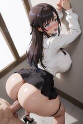 aerial_view against_wall ai_generated alina_clover ass black_hair doggy_style fishnets skirt