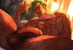 ai_generated ball_hair balls bara beckoning big_penis chest_hair complexmess earring flaccid gay green_hair hairy_arms hairy_legs muscles muscular one_piece pecs pectorals penis pubic_hair roronoa_zoro wink yaoi