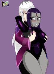 2girls ben_10 breast_fondling charmcaster crossover purple_hair raven_(dc) teen_titans white_hair