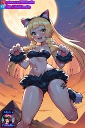 ai_generated blonde_hair cute fangs full_moon fur green_eyes halloween halloween_costume lillie_(pokemon) maia's_paradise nintendo paw_pose pokemon tattoo_on_legs wolf wolf_ears wolf_girl