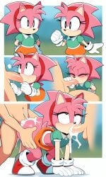 2boys aged_up ai_generated alternate_universe anthropomorphic bent_over big_breasts black_eyes blowjob classic_amy_rose collared_shirt cum cum_in_ass cum_in_mouth cum_inside female flat_chest gloves green_shirt hairband handjob hedgehog human_on_anthro on_fours orange_skirt outdoor_sex outdoors panels pink_fur pixai sex shirt shoes shortstack skirt skirt_lift skirt_up small_breasts sonic_(series) sonic_the_hedgehog_(series) spitroast thick_thighs threesome