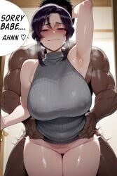 ai_generated arm_up blush chubby cum_inside dark-skinned_male dialogue from_behind from_behind_position half-closed_eyes large_ass large_breasts milf netorare purple_eyes purple_hair smug smug_face text text_box text_bubble