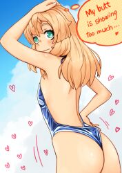 androgynous aqua_eyes arc_system_works ass back_view blonde_hair blue_eyes bridget english_text from_behind guilty_gear male male_only medium_hair motion_lines solo speech_bubble sugag swimsuit text trans_woman_(lore)