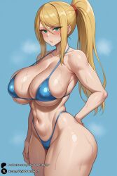 1girls ai_generated bangs bare_shoulders bikini blonde_hair blue_background blue_bikini blue_eyes blush breasts cleavage collarbone hand_on_hip highleg highleg_bikini huge_breasts large_breasts long_hair looking_at_viewer metroid micro_bikini mole mole_under_mouth navel ponytail samus_aran sidelocks simple_background skindentation solo sweat swimsuit thick_thighs thighs unjobdespiert