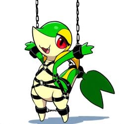 1:1 ai_generated bondage bondage bound chains cuff_(restraint) female feral generation_5_pokemon harness hellsonger hi_res nintendo open_mouth pokemon pokemon_(species) red_eyes reptile restraints scalie shackles simple_background snivy solo white_background