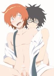 2boys black_hair blush brown_eyes censored cum glasses grey_eyes male multiple_boys open_mouth penis pubic_hair red_hair sanada_yuki simple_background smirk sweat tsuritama undone_necktie undressing usami_natsuki white_background yaoi