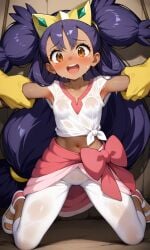 ai_generated armpits arms_up dark-skinned_female female iris_(pokemon) long_hair panties pokemon purple_hair red_eyes small_breasts sweat white_panties