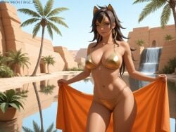 ai_generated animal_ears artist_name ass beach belly big_breasts bigz_ai bikini black_hair blue_eyes bra breasts cat_ears closed_mouth dehya_(genshin_impact) dessert female female_only genshin_impact hair_between_eyes hi_res highres hoyoverse jewelry lips long_hair looking_at_viewer mihoyo multicolored_hair oasis outdoors palm_tree panties patreon_username smile solo standing standing_in_water thighs tree water waterfall