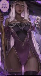 2girls annoyed annoyed_expression big_breasts blonde_hair child_bearing_hips cleavage cleavage_overflow crying dark-skinned_female dark_skin duchess_(nightreign) elden_ring elden_ring_nightreign fromsoftware hips kittew leotard light-skinned_female light_skin non-nude purple_eyes recluse_(elden_ring) recluse_(nightreign) thighhighs white_hair wide_hips witch witch_hat