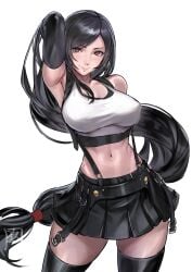 absurdres arm_behind_back arm_up black_hair black_skirt black_thighhighs breasts chinese_commentary commentary cowboy_shot crop_top elbow_gloves elbow_pads female final_fantasy final_fantasy_vii final_fantasy_vii_remake floating_hair gloves highres juaag_acgy juaagacgy large_breasts long_hair looking_at_viewer low-tied_long_hair midriff miniskirt navel pleated_skirt red_eyes single_elbow_pad skirt smile solo suspender_skirt suspenders suspenders_gap tank_top teardrop_earrings thighhighs tifa_lockhart very_long_hair white_tank_top zettai_ryouiki