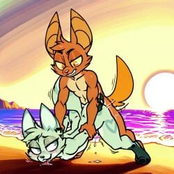 ai_generated bat_boy bat_wings beach chikn_nuggit civitai cyan_fur doggy_style fox_girl male/female onyn_ring_(chikn_nuggit) orange_fur pleasure_face sex slushi_(chikn_nuggit) tagme