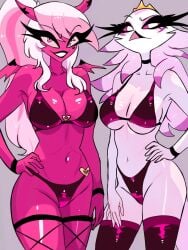 2demons 2girls 3:4 anatid anseriform anserinae anthro avian avian_demon bird black_bra black_clothing black_leggings black_legwear black_panties black_underwear bra breasts clothing coffeelilauwu crown demon duo female female/female fur headgear helluva_boss horn leggings legwear long_hair looking_at_viewer neutral_expression panties pink_body pink_eyes pink_skin simple_background smile standing stella_(helluva_boss) succubus swan underwear verosika_mayday_(helluva_boss) white_body white_face white_fur white_hair