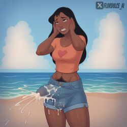 1futa ai_generated balls beach big_penis black_hair brown_eyes clenched_teeth cum cumming cumshot dark-skinned_futanari dark_skin ejaculation ejaculation_under_clothes erect_penis erection erection_under_clothes erection_under_clothing flordulce futa_only futanari hands_on_face happy_trail lilo_and_stitch long_hair midriff nani_pelekai navel orgasm outdoors peace_sign penis pubic_hair pubic_hair_peek rolling_eyes shirt short_shorts shorts solo_futa standing testicles