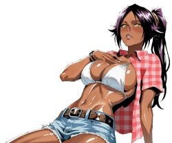 1girls accurate_art_style belly belly_button belt big_breasts bikini_top bikini_top_only bleach blue_shorts blush bracelet breasts checkered checkered_shirt cleavage clothed clothing collared_shirt dark-skinned_female dark_skin denim denim_shorts female female_focus female_human female_only fingernails fit_female glistening_body golden_eyes hair_ornament hand_on_own_chest high_resolution highres human jewelry kwon_eun-bi_(cosplay) leaning_back linea_alba long_hair looking_at_viewer lorna lorna12155671 lorna12155671 mature_female navel no_background open_clothes open_shirt parted_bangs parted_lips plaid plaid_clothes plaid_shirt ponytail purple_hair red_shirt seductive shihouin_yoruichi shiny_hair shiny_skin shirt short_shorts short_sleeves shorts sideboob simple_background sitting slim_waist solo solo_female solo_focus stomach summer toned toned_female toned_stomach unbuttoned white_background white_bikini white_topwear wide_hips yellow_eyes