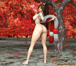 3d ass autumn bare_legs bare_shoulders barefoot blowing_kiss breasts brown_eyes brown_hair curvy fatal_fury feet female hair_ribbon half_naked heart hips huge_ass king_of_fighters kissing kunoichi large_breasts leaves long_hair looking_at_viewer looking_back mai_shiranui ninja nipples one_eye_closed ponytail pose sideboob smile snk solo the_majestic thick_thighs thighs wide_hips wink