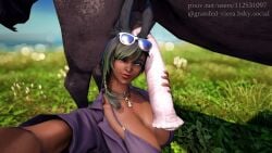 3d big_breasts black_hair bunny_ears bunny_girl dark_skin final_fantasy final_fantasy_xiv gpose(ffxiv) grassfed_viera green_eyes green_highlights holding_penis horse horsecock selfie smile smiling_at_viewer sunglasses sunglasses_on_head viera watermark wink winking_at_viewer zoophilia