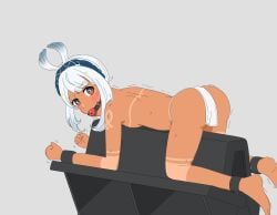 angry ball_gag blush bondage bondage_horse dark_skin gagged genshin_impact loincloth mualani_(genshin_impact) restrained strapped_down sweat tan_skin white_hair