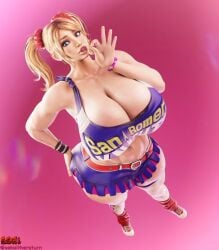 3d 3d_(artwork) big_breasts bimbo bimbo_lips cheerleader cheerleader_uniform cleavage juliet_sleeves lolipop massive_ass musclegut sekaithereturn twintails