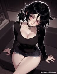 1girls ai_generated ashley_graves ass balecxi black_hair breasts goth goth_girl looking_at_viewer pale-skinned_female pale_skin pink_eyes smile the_coffin_of_andy_and_leyley