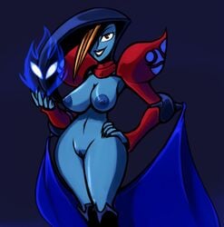 blue_skin breasts female hand_on_hip legs_together looking_at_viewer nipples oracle_of_ages orange_hair pussy red_eyes smile stompertron the_legend_of_zelda veran wide_hips